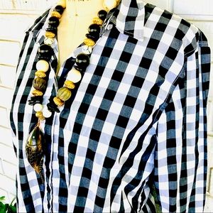 Ralph Lauren Black and White Cotton Checkered Long Sleeve Blouse Petite Large
